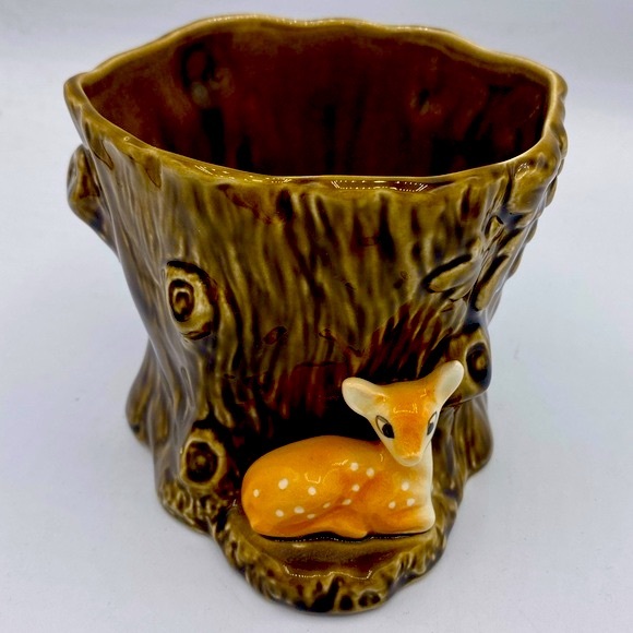 Vintage Ceramic 1950s Sylvac Tree Stump Planter With Fawn 4287 Original Sticker - Picture 9 of 9